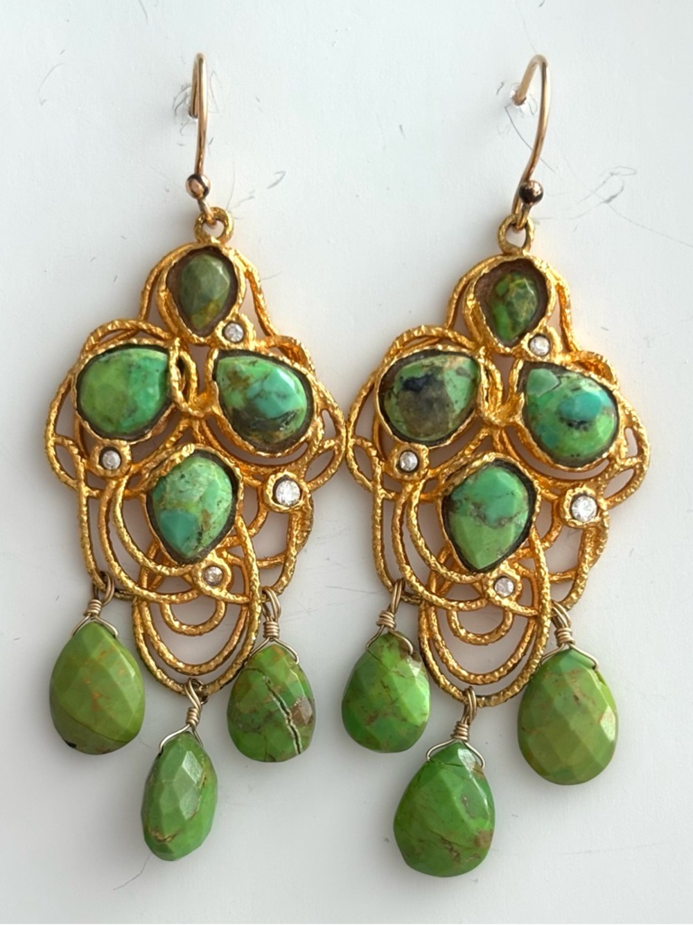 ALEXIS BITTAR Rare Mauritius Green Gemstones, Scrolling Metalwork Drop Earrings